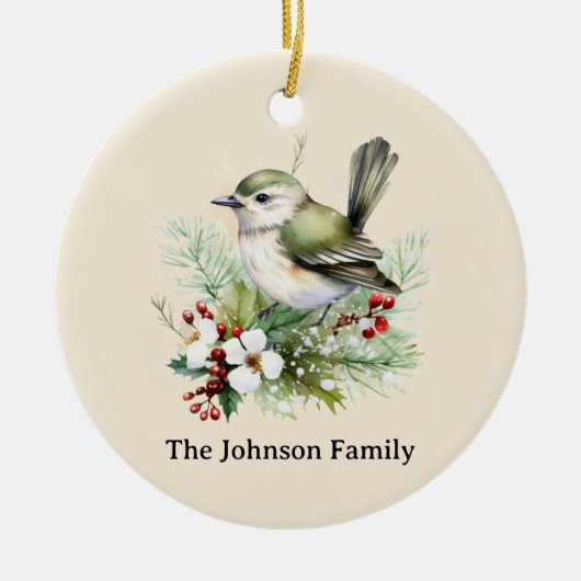 Eenvoudige Elegante Kerst Bloemen Vogel Keramisch Ornament (Voorkant)