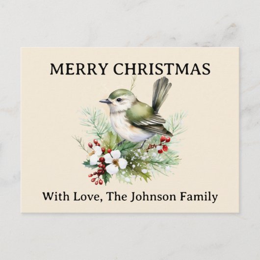 Eenvoudige Elegante Kerst Bloemen Vogel Natuur Feestdagenkaart (Voorkant)