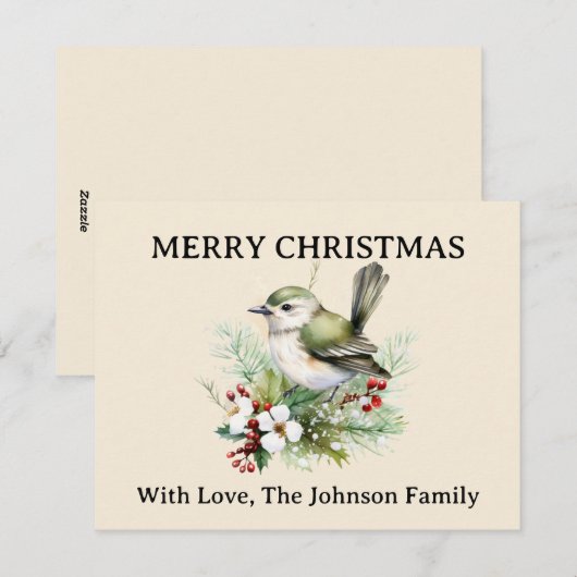 Eenvoudige Elegante Kerst Bloemen Vogel Natuur Feestdagenkaart (Voorkant / Achterkant)