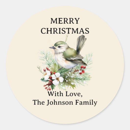 Eenvoudige Elegante Kerst Bloemen Vogel Ronde Sticker (Voorkant)
