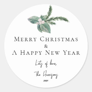 Eenvoudige elegante kerst Waterverf Botanisch Ronde Sticker