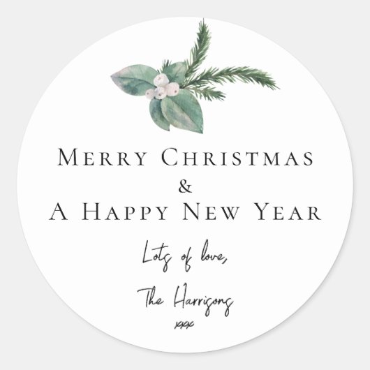 Eenvoudige elegante kerst Waterverf Botanisch Ronde Sticker (Voorkant)