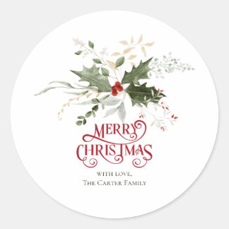 Eenvoudige Elegante Kerst Waterverf Botanisch Ronde Sticker