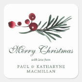 Eenvoudige elegante kerst Waterverf Botanisch Vierkante Sticker (Voorkant)