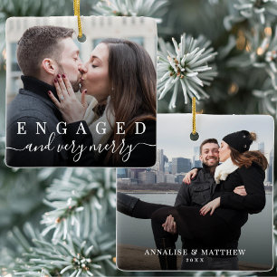 Eenvoudige Elegante Kerstmis Verloving 2 Foto Keramisch Ornament