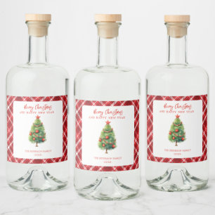 Eenvoudige elegante kerstpijnboom likeurfles etiket