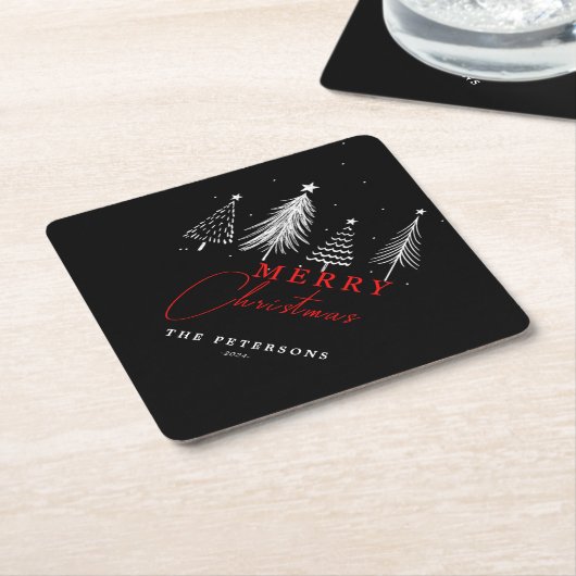 Eenvoudige elegante kerstpijnboom | Zwart Kartonnen Onderzetters (Schuin)