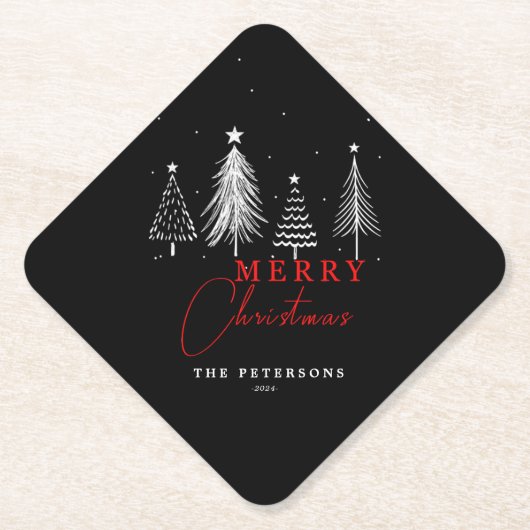 Eenvoudige elegante kerstpijnboom | Zwart Kartonnen Onderzetters (Voorkant)