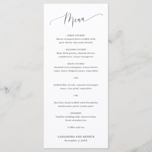 Eenvoudige Elegante Klassieke Witte Bruiloft Menu (Voorkant)