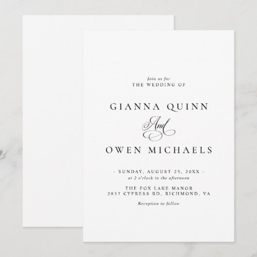 Eenvoudige Elegante Klassieke Zwart-Wit Huwelijk Kaart (Voorkant / Achterkant)