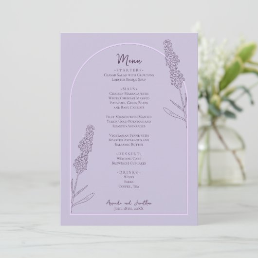 Eenvoudige elegante lavendel bloeit bruiloft menu (Staand voorkant)