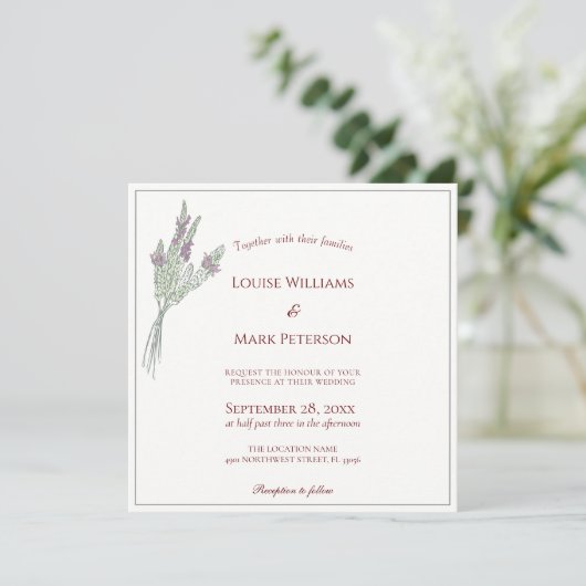 Eenvoudige elegante lavendel bruiloft uitnodiging (Staand voorkant)