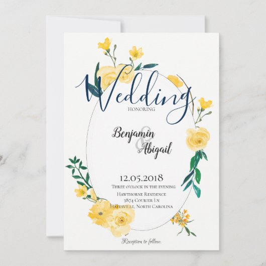 Eenvoudige elegante lente-gele bloemen bruiloft kaart (Voorkant)