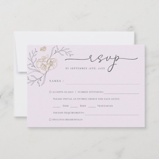 Eenvoudige Elegante Lijn Bloemen Lila Gouden Huwel RSVP Kaartje (Voorkant)