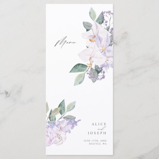 Eenvoudige Elegante Lila Aquarel Trouwdiner Menu (Voorkant)