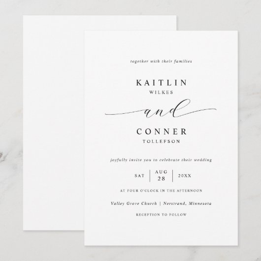 Eenvoudige Elegante Luxe Zwart-Wit Huwelijk Kaart (Voorkant / Achterkant)