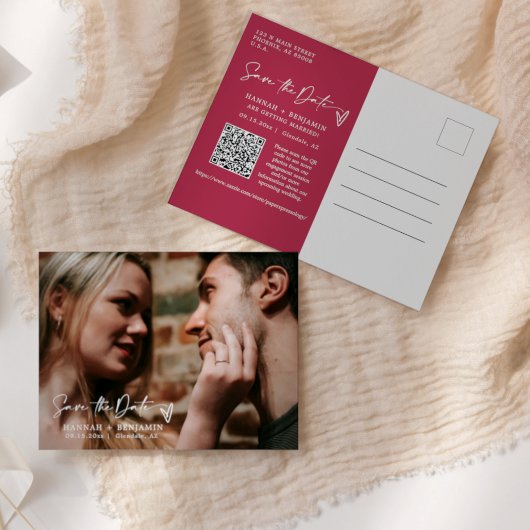 Eenvoudige Elegante Magenta Save the Date QR Code  Briefkaart