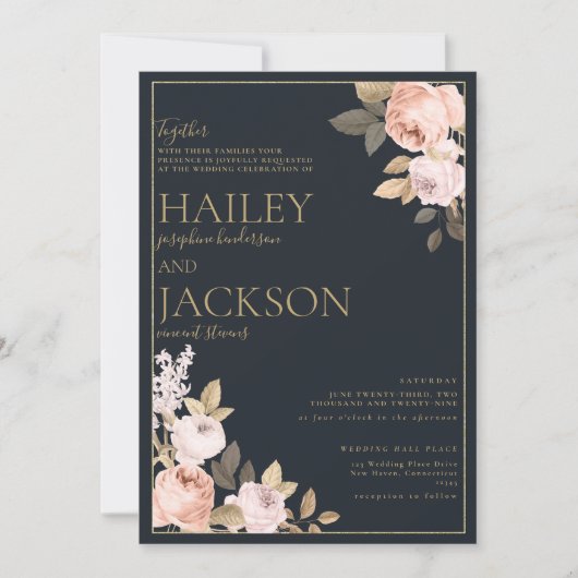 Eenvoudige elegante marine blauw goud roze bloemen kaart (Voorkant)