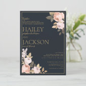 Eenvoudige elegante marine blauw goud roze bloemen kaart (Staand voorkant)