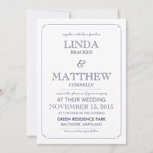 Eenvoudige Elegante Marine Blauw Wit Huwelijksuitn Kaart (Voorkant)