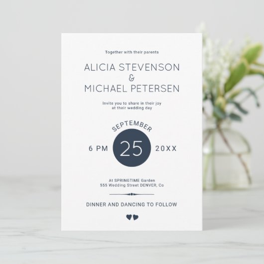 Eenvoudige elegante marineblauw en witte bruiloft kaart (Staand voorkant)