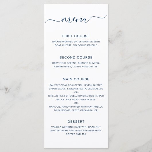 Eenvoudige Elegante Marineblauwe Trouw Menu (Voorkant)
