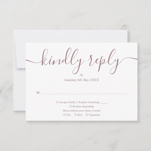 Eenvoudige Elegante Mauve Script Maaltijdkeuze RSV RSVP Kaartje (Voorkant)
