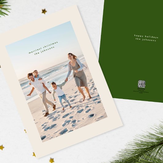 Eenvoudige Elegante Minimal Green Cream Kerstfoto Feestdagenkaart