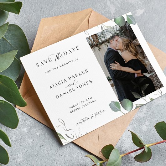 Eenvoudige elegante minimalistische groen foto bru save the date