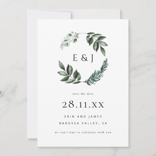 Eenvoudige elegante minimalistische groene krans b save the date (Voorkant)
