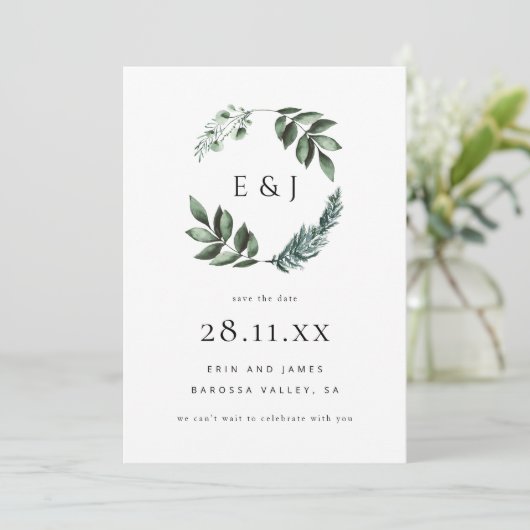 Eenvoudige elegante minimalistische groene krans b save the date (Staand voorkant)