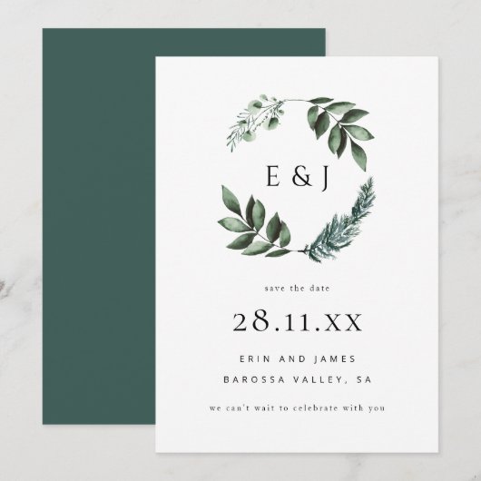 Eenvoudige elegante minimalistische groene krans b save the date (Voorkant / Achterkant)