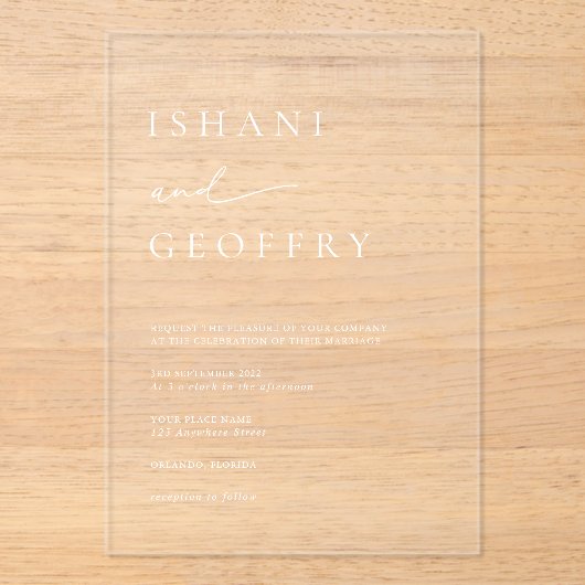 Eenvoudige elegante minimalistische transparante b acryl uitnodigingen (Voorkant)