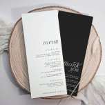 Eenvoudige elegante moderne bruiloft met dank u te menu<br><div class="desc">Menu met dank aan de achterkant: Dit elegante huwelijksmenu heeft een modern, minimalistisch ontwerp met een witte voorkant en strakke zwarte tekst, perfect uitgelijnd aan de onderkant om ruimte te bieden voor uitgeknipte naamlabels aan de bovenkant. Aan de andere kant wordt een doordacht bedankbericht weergegeven op een opvallende zwarte achtergrond...</div>