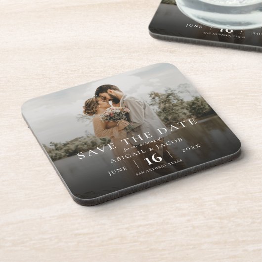 Eenvoudige Elegante Moderne Foto Huwelijk Save the Bier Onderzetter (Linkerzijde)