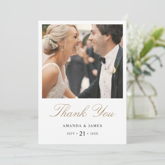 Eenvoudige elegante moderne gouden foto bruiloft d bedankkaart (Staand voorkant)