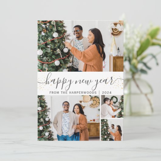 Eenvoudige elegante moderne Happy New Year foto co Feestdagenkaart (Staand voorkant)