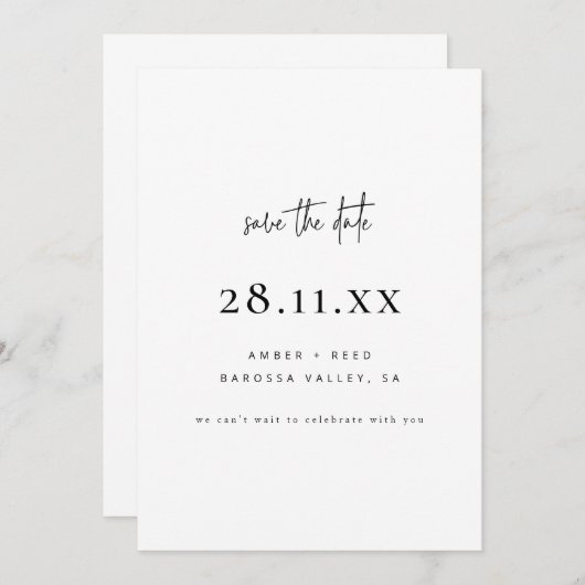 Eenvoudige elegante moderne minimalistische witte save the date (Voorkant / Achterkant)