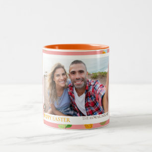 Eenvoudige elegante moderne paasei familie foto tweekleurige koffiemok