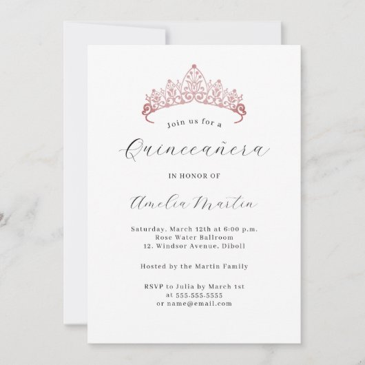Eenvoudige elegante moderne roze Tiara Quinceanera Kaart (Voorkant)