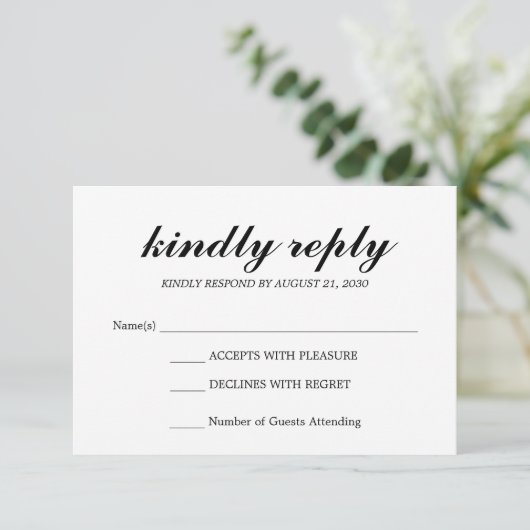 Eenvoudige Elegante Moderne Script Bruiloft RSVP Z (Staand voorkant)