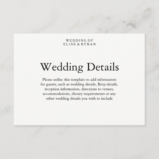 Eenvoudige Elegante Moderne Script Trouwdetails Informatiekaartje (Voorkant)