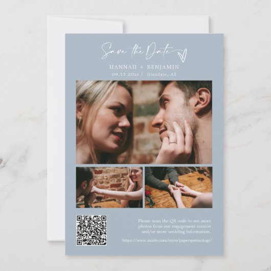 Eenvoudige Elegante Moderne Stoffige Blauwe QR Cod Save The Date (Achterkant)