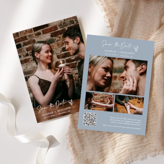 Eenvoudige Elegante Moderne Stoffige Blauwe QR Cod Save The Date