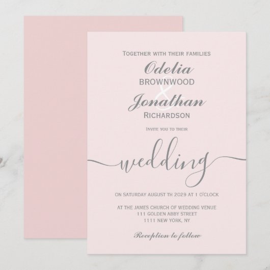 Eenvoudige elegante moderne zachte roze bruiloft kaart (Voorkant / Achterkant)