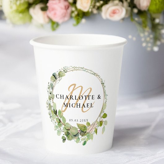 Eenvoudige, elegante, monogram eucalyptus weddi St Papieren Bekers