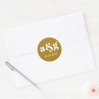 Eenvoudige, elegante monogram gouden bruine bruilo ronde sticker