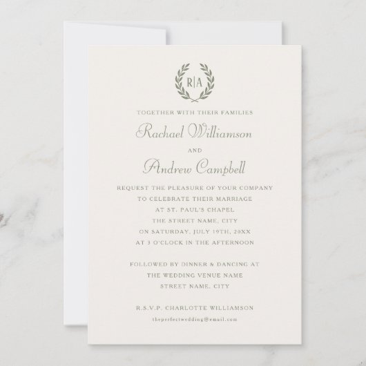 Eenvoudige Elegante Monogram Groene Cream Wedding Kaart (Voorkant)