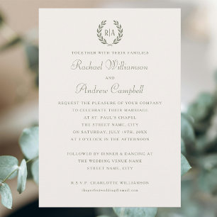 Eenvoudige Elegante Monogram Groene Cream Wedding Kaart