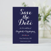 Eenvoudige Elegante Navy Blauwe Witte Trouw Verlov Save The Date (Staand voorkant)
